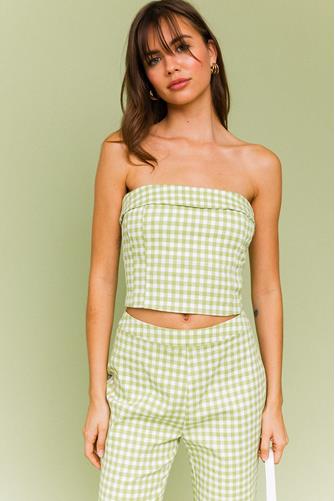 Gingham Strapless Top WHITE GREEN GINGHAM