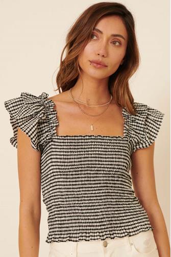 Gingham Ruffle Top BLACK