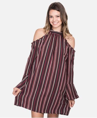 Pinstripe Cold Shoulder Dress