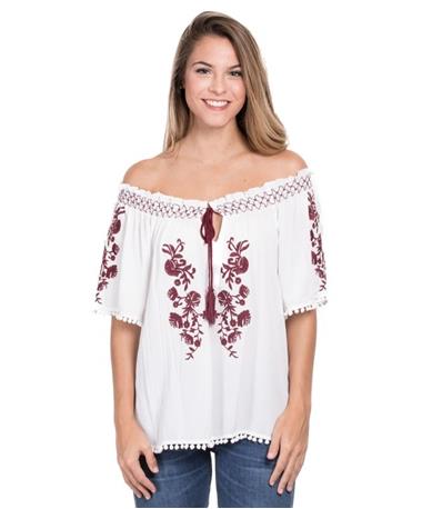 Pom Tassel Maroon Embroidery Boho Blouse