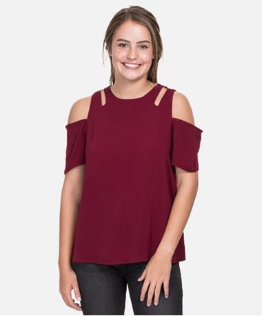 Maroon Cold Shoulder Woven Zip Up Top