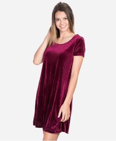 Maroon Knit Stripe Velvet SS Dress