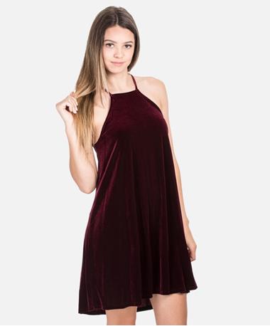 High Neck Maroon Velvet Dress