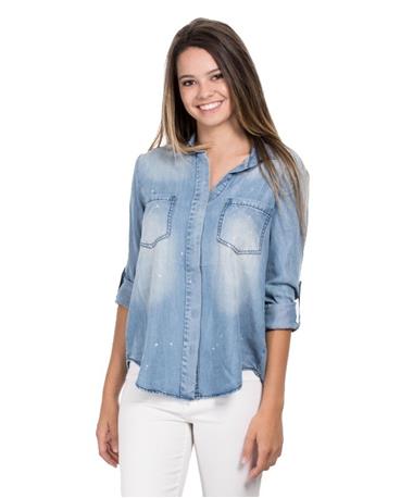 Riley Paint Splatter Denim Button Up Top